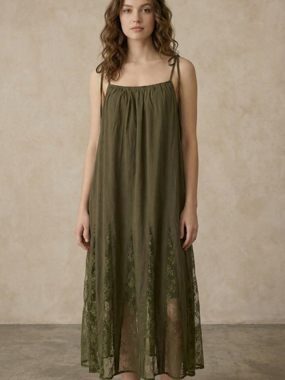 Olive Tie-Strap Maxi Dress with Lace Panels